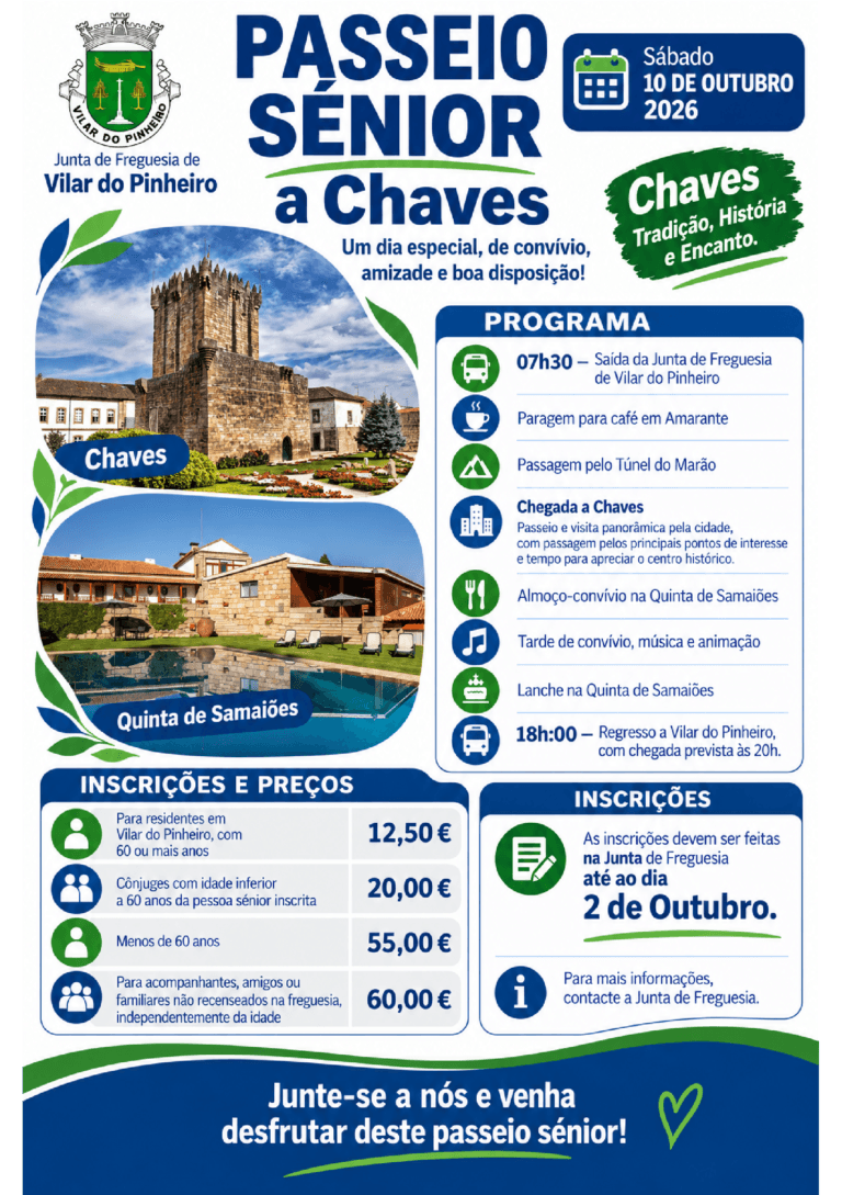 Passeio Sénior 2026: Vilar do Pinheiro Rumo à Histórica Cidade de Chaves